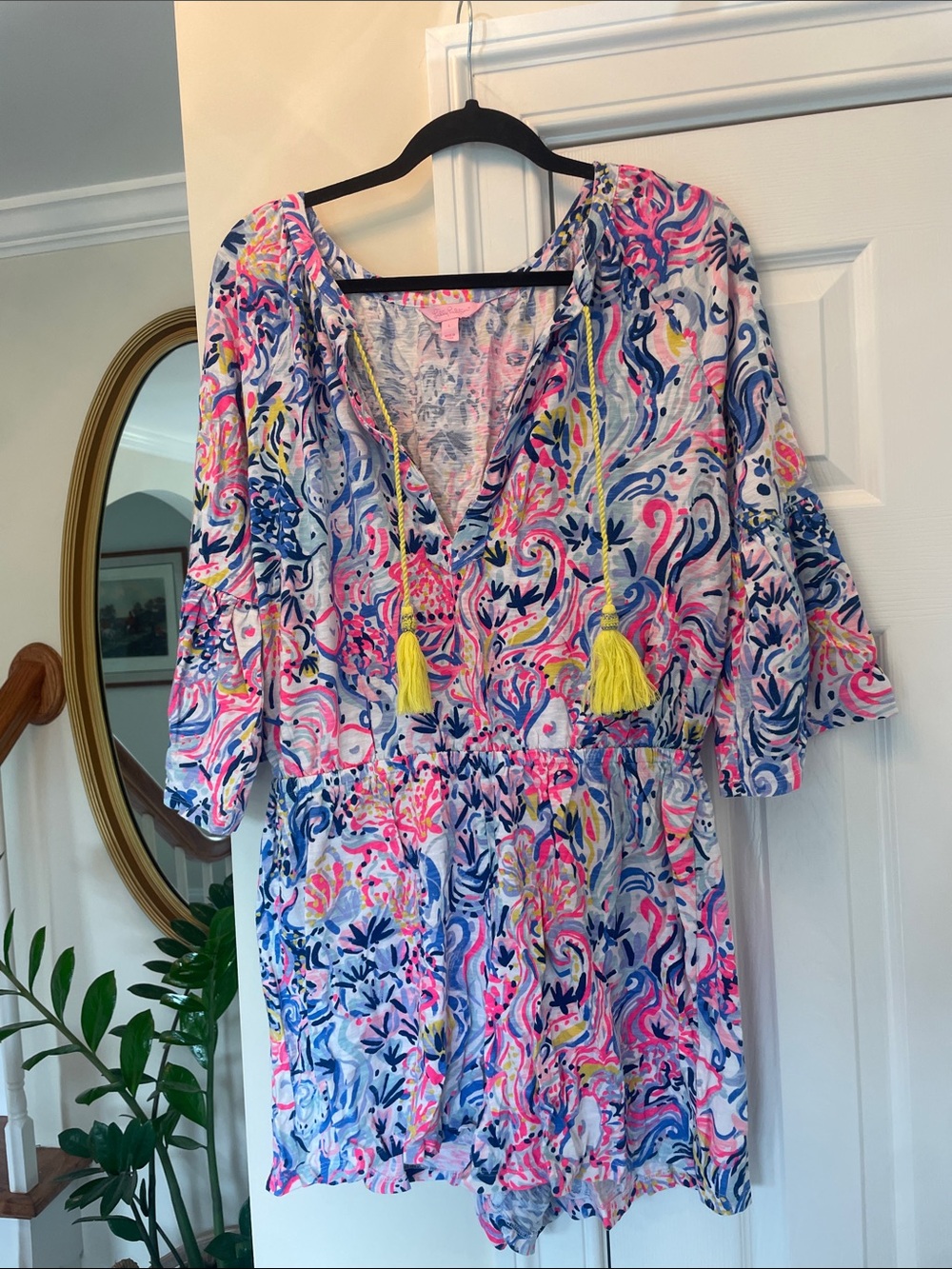 Lilly Pulitzer Pink Blue Multi Floral Romper with Yellow Tassels